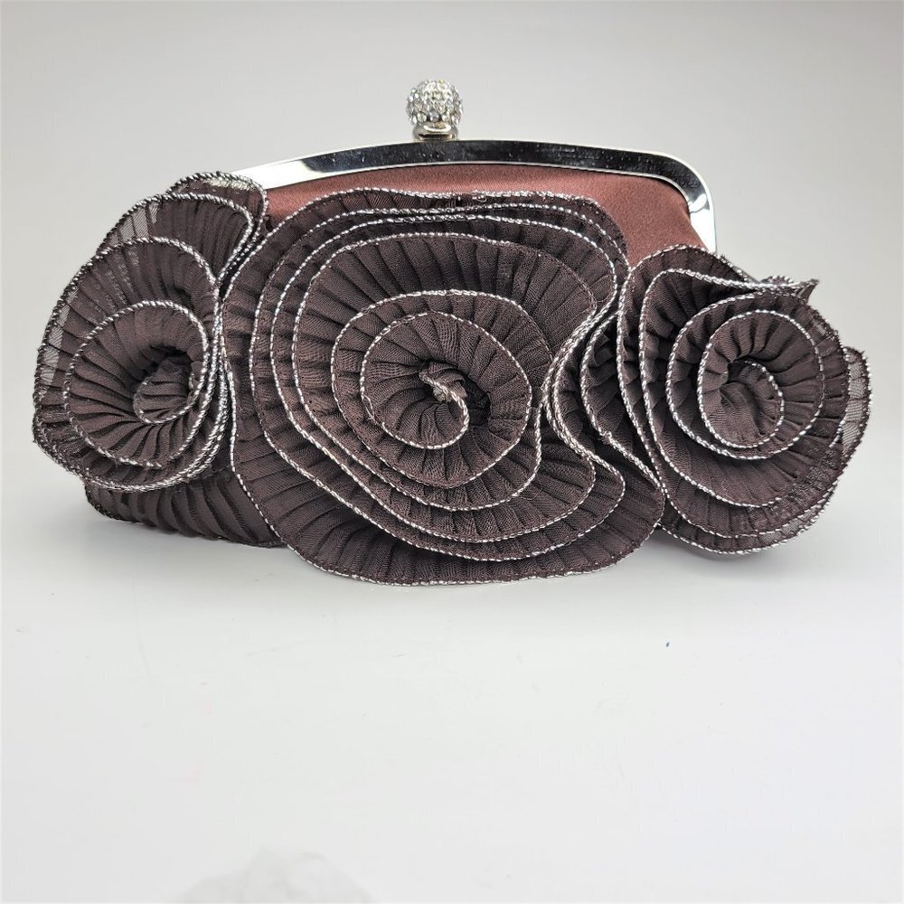 Chocolate Dark Brown Floral Satin Evening Clutch Purse